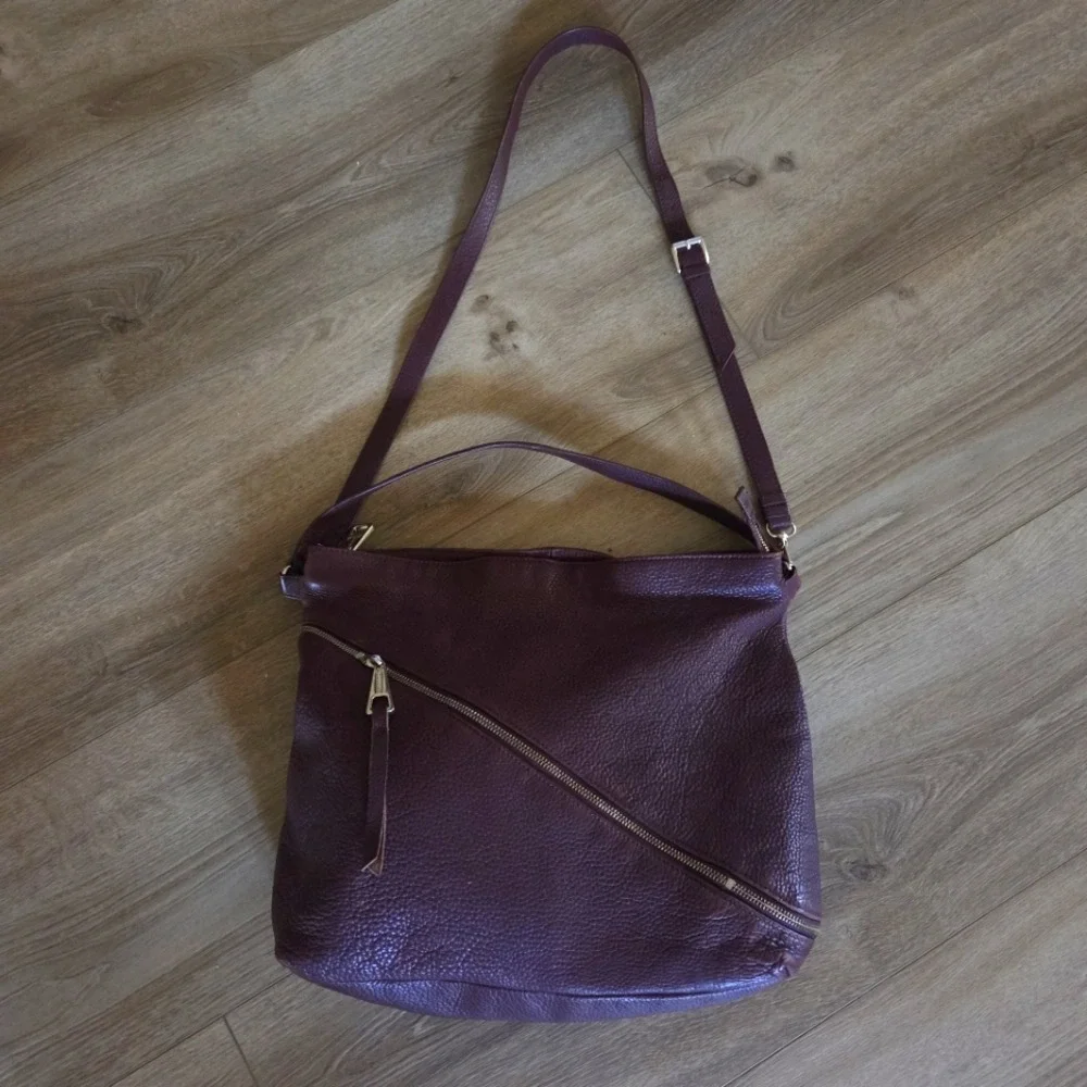 Kelsi Dagger Burgundy Pebbled Leather Crossbody Hobo Bag Silver Hardware Large